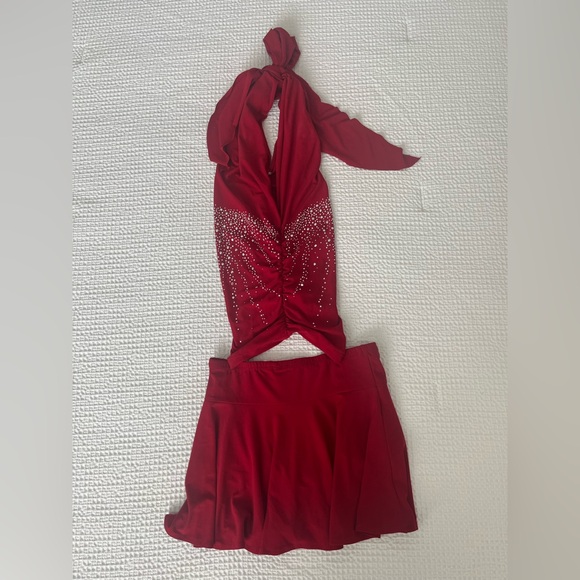 Red Rhinestone Two Piece Halter Top/Skirt Set Dance Costume - Picture 4 of 7